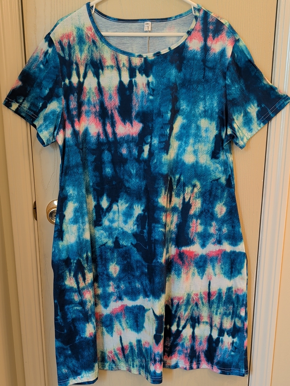 Tie-Dye Shift Dress Women's 2XL Blue Short Sleeve Dress w/ Pockets Rayon Blend